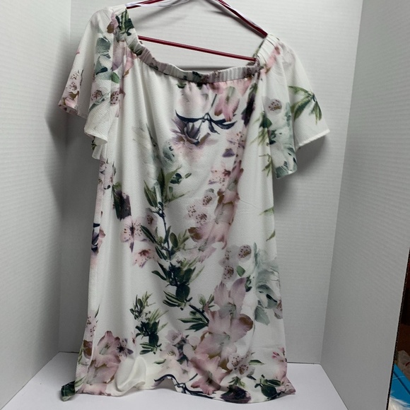 Lulus Womens Size M Dress Cold Off Shoulder White Floral Lined purple green 100 - Picture 2 of 6